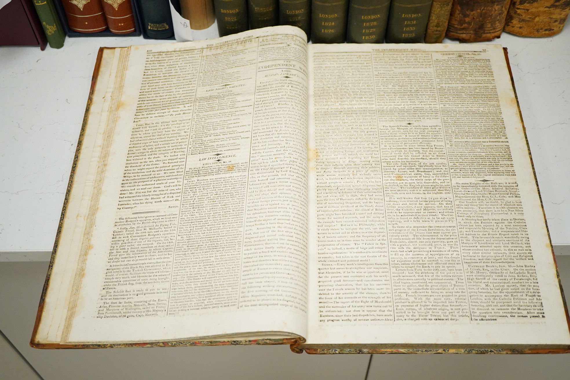 The Independent Whig - nos. 366-400, January-August 1813, i.e. 35 issues bound together, contemp. half calf and marbled boards, gilt ruled panelled spine with red label, folio